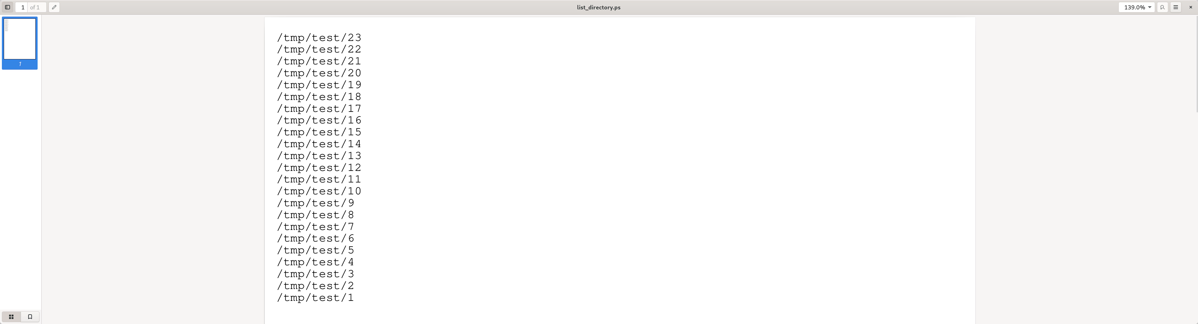 Screenshot of a document opened in Evince, showing a file listing of numerous files under the path '/tmp/'