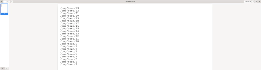 Screenshot of a document opened in Evince, showing a file listing of numerous files under the path '/tmp/'