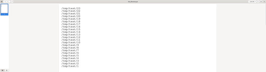 Screenshot of a document opened in Evince, showing a file listing of numerous files under the path '/tmp/'