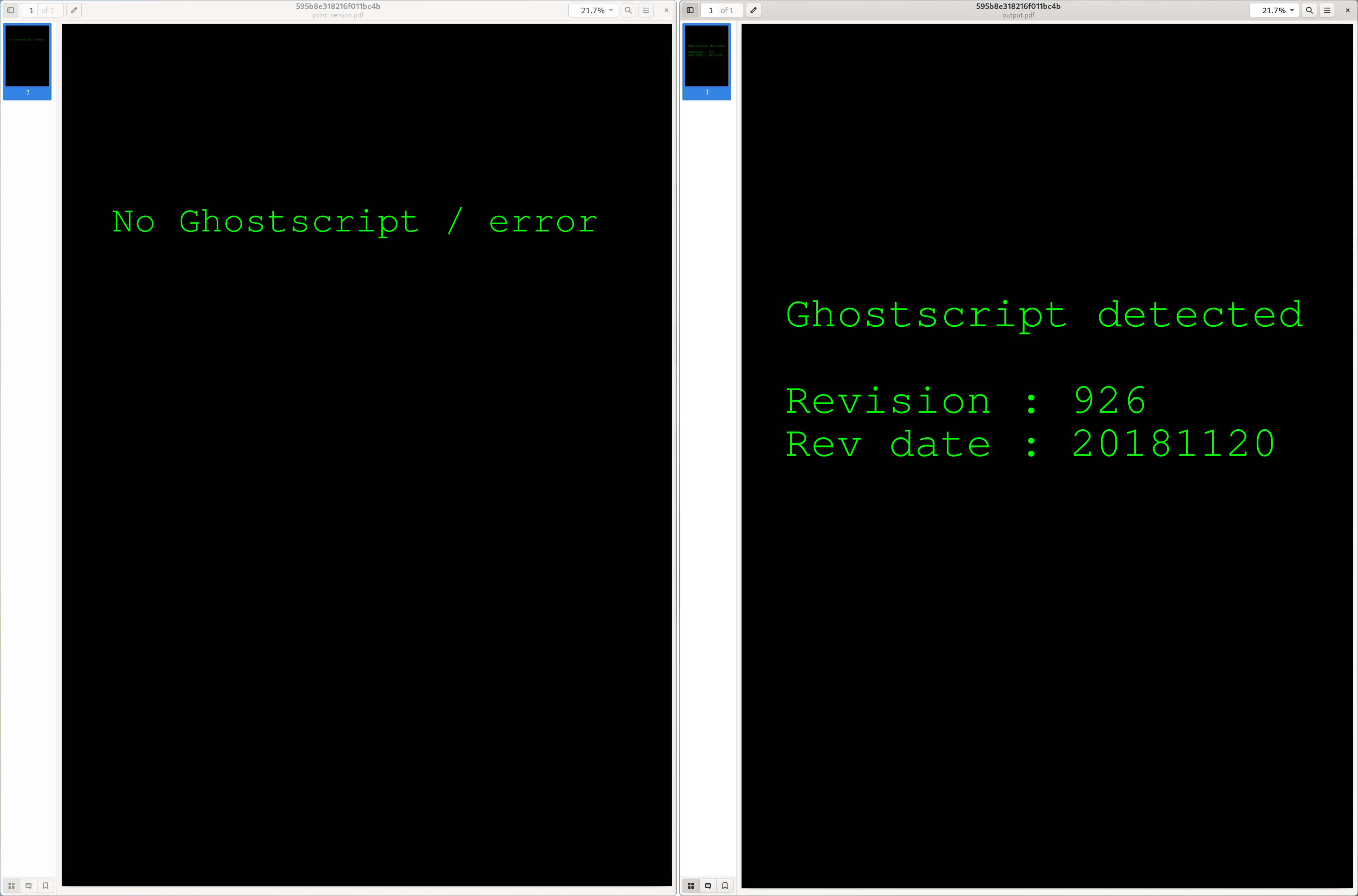Screenshot of two documents opened side-by-side in Evince, left one showing the text 'No Ghostscript / error', right one showing 'Ghostscript detected, Revision: 926, Rev date: 20181120'