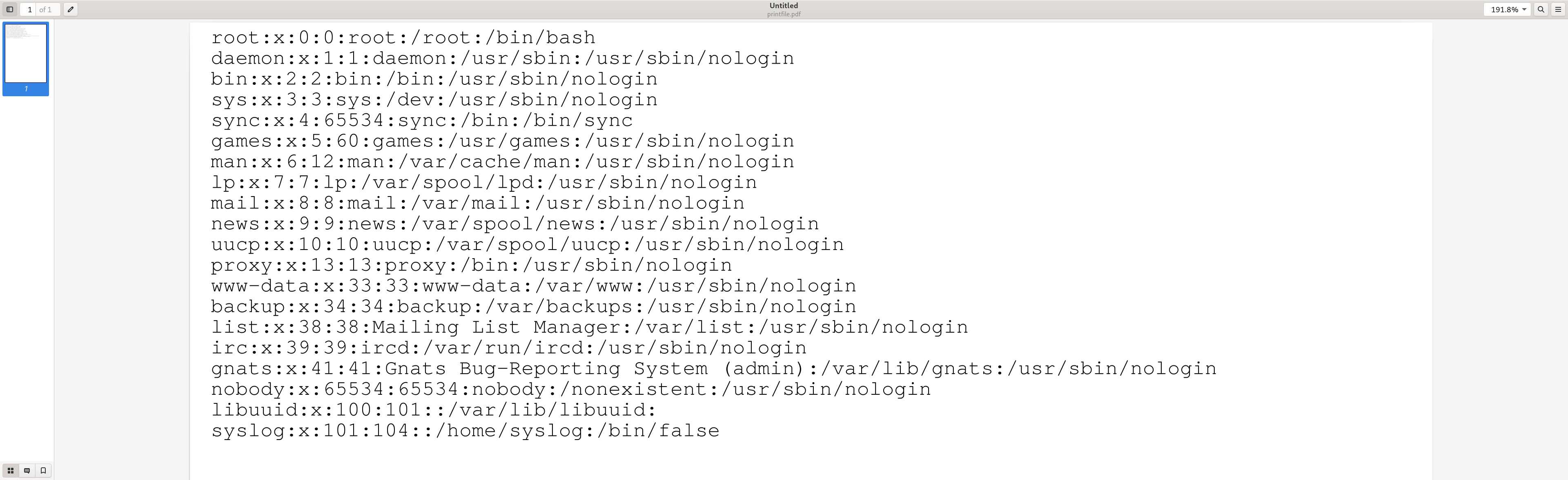 Screenshot of a document opened in Evince displaying the contents file '/etc/passwd'