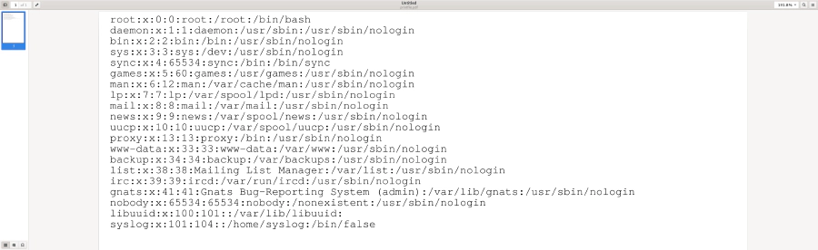 Screenshot of a document opened in Evince displaying the contents file '/etc/passwd'