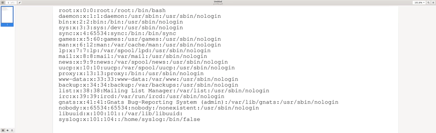 Screenshot of a document opened in Evince displaying the contents file '/etc/passwd'