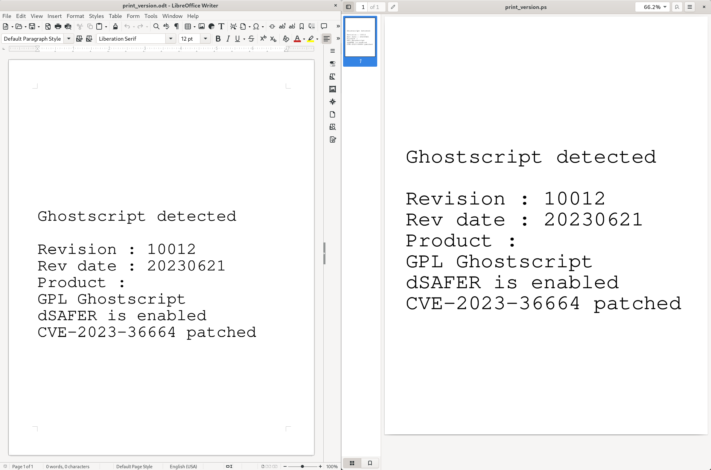 Screenshot showing two documents side-by-side, left one is showing a LibreOffice Writer document with the text 'Ghostscript detected, Revision: 10012, Rev date: 20230621, Product: GPL Ghostscript, dSAFER is enabled, CVE-2023-36664 patched', the right document is opened in Evince, showing the sam text as the LibreOffice document