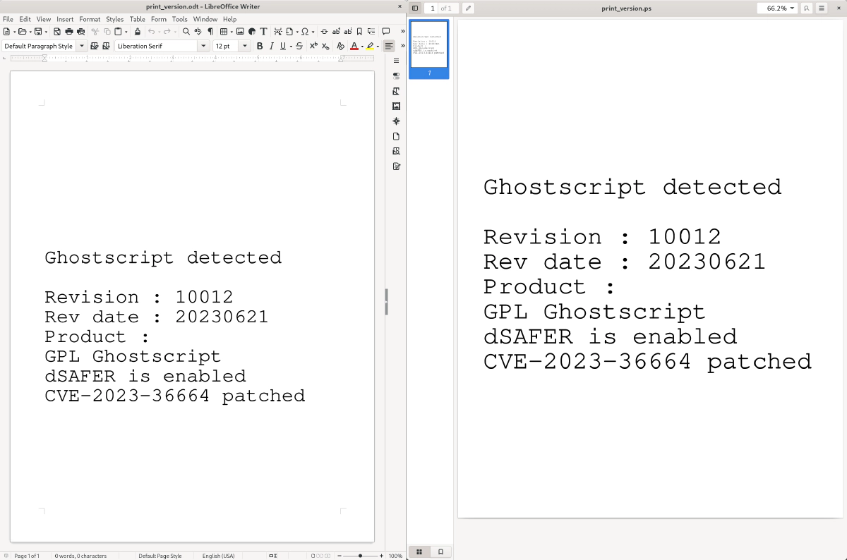 Screenshot showing two documents side-by-side, left one is showing a LibreOffice Writer document with the text 'Ghostscript detected, Revision: 10012, Rev date: 20230621, Product: GPL Ghostscript, dSAFER is enabled, CVE-2023-36664 patched', the right document is opened in Evince, showing the sam text as the LibreOffice document