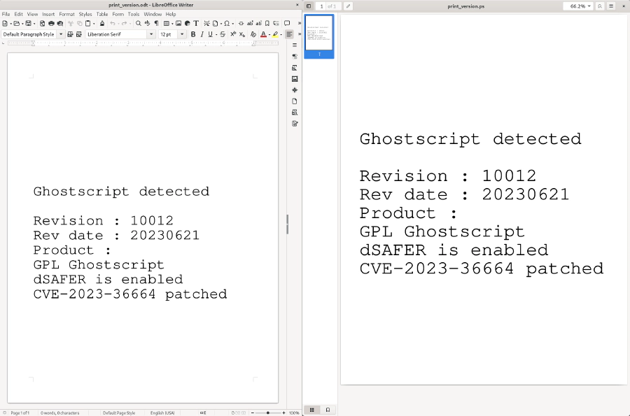 Screenshot showing two documents side-by-side, left one is showing a LibreOffice Writer document with the text 'Ghostscript detected, Revision: 10012, Rev date: 20230621, Product: GPL Ghostscript, dSAFER is enabled, CVE-2023-36664 patched', the right document is opened in Evince, showing the sam text as the LibreOffice document