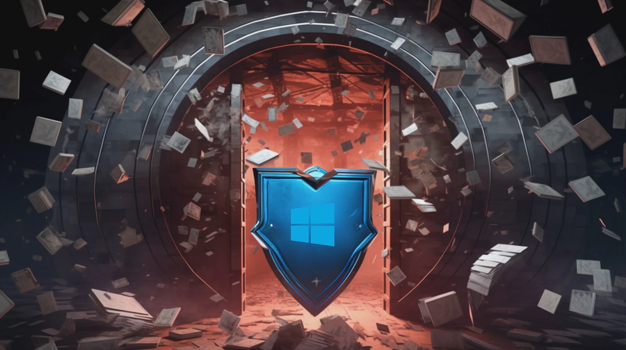 Windows Logo on blue shield in front of an open vault