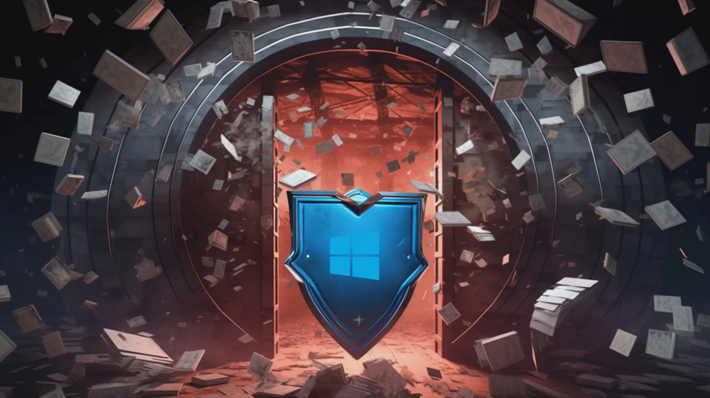 Windows Logo on blue shield in front of an open vault