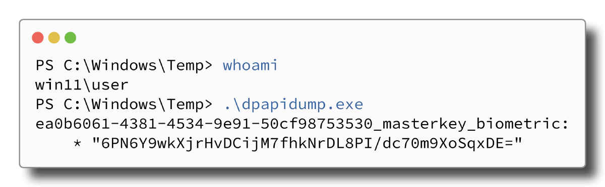 Terminal output of Go program that lists DPAPI credentials.