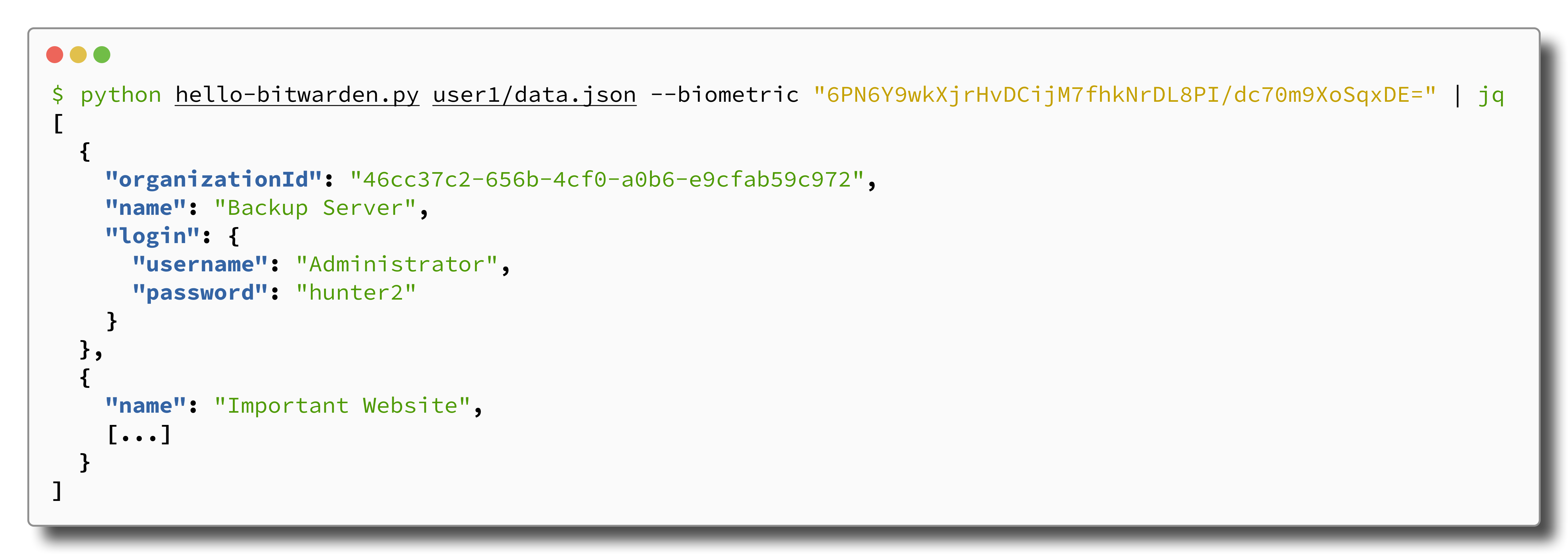 Terminal output of running python script to decrypt credentials.