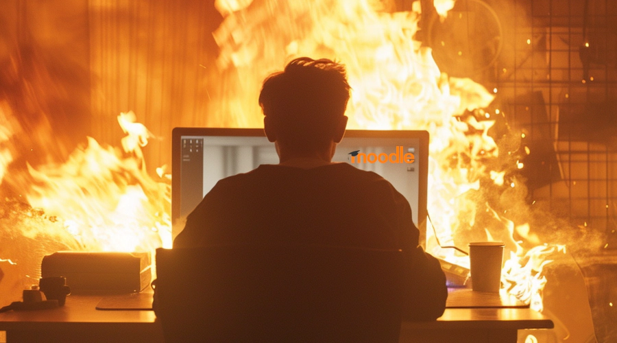 Person sitting in front of a computer within a burning room