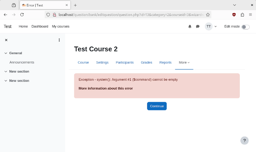 Screenshot of a browser showing an exception about missing arguments for the system function in the Moodle question creation workflow