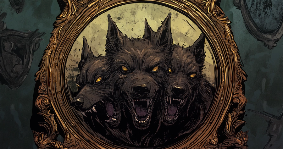 Kerberos, the three-headed dog looking into a mirror
