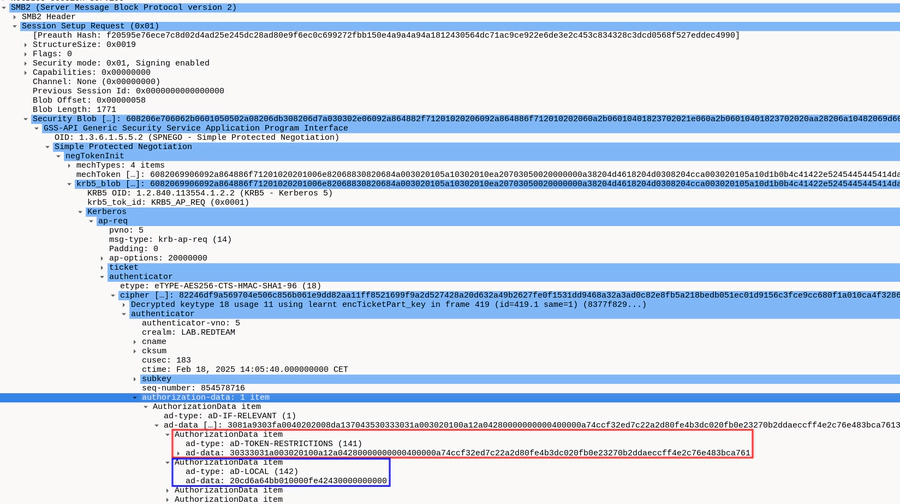 AuthorizationData from the reflected AP_REQ in Wireshark