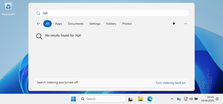 Windows Server 2025 start menu after entering the search string rtpt is hinting 'Search indexing was tunred off.' and gives the option to 'Turn indexing back on.'