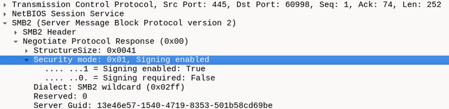 SMB signing requirement in Wireshark