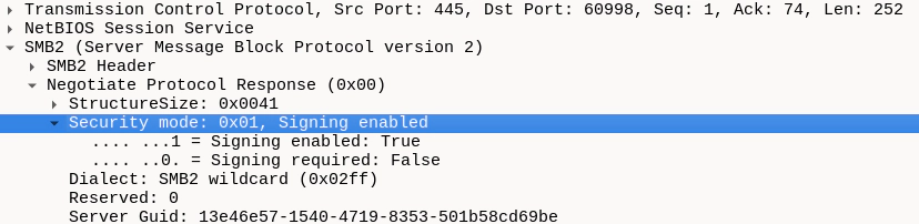 SMB signing requirement in Wireshark